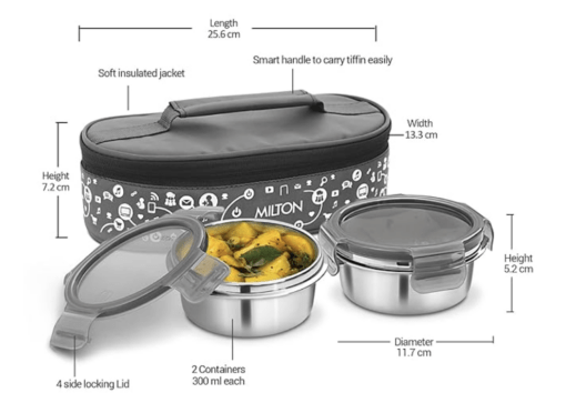 Milton Lifestyle Lunch Stainless Steel Lunch Box, Set of 2, (300 ml Each), Grey | Light Weight | Easy to Carry | Leak Proof | Food Grade | Odour Proof - Image 3